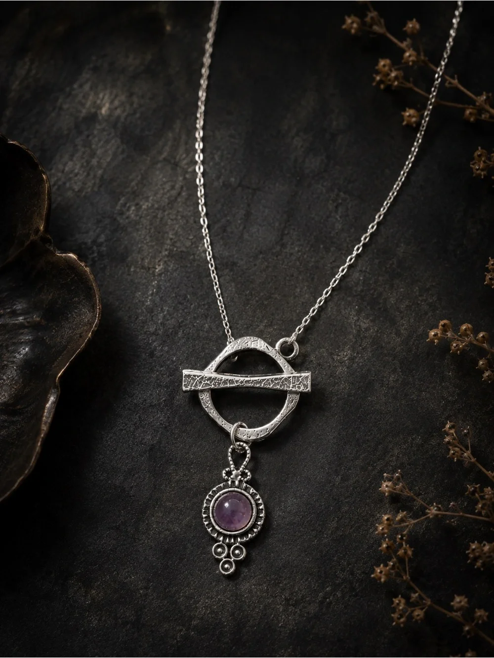 Silver Toggle Necklace Purple Stone Artisan Necklace - Picture 4 of 6